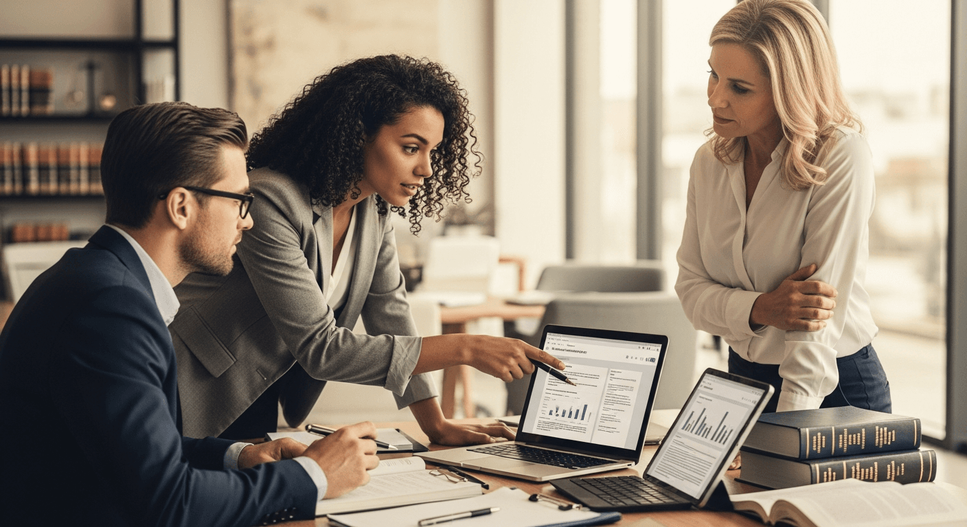Sala de audiencias del Seguro Social con juez, abogado y cliente