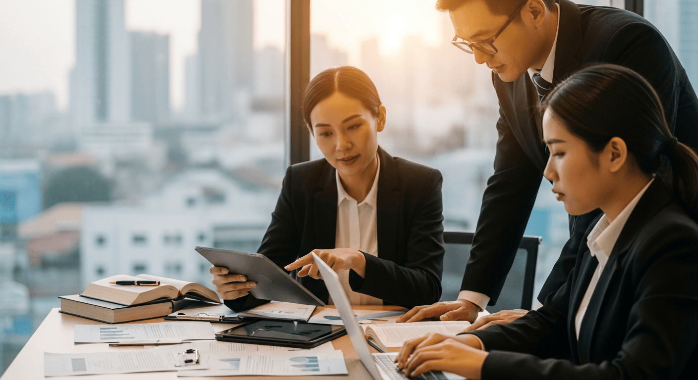 Legal aid attorney helping Spanish-speaking tenant with housing court paperwork