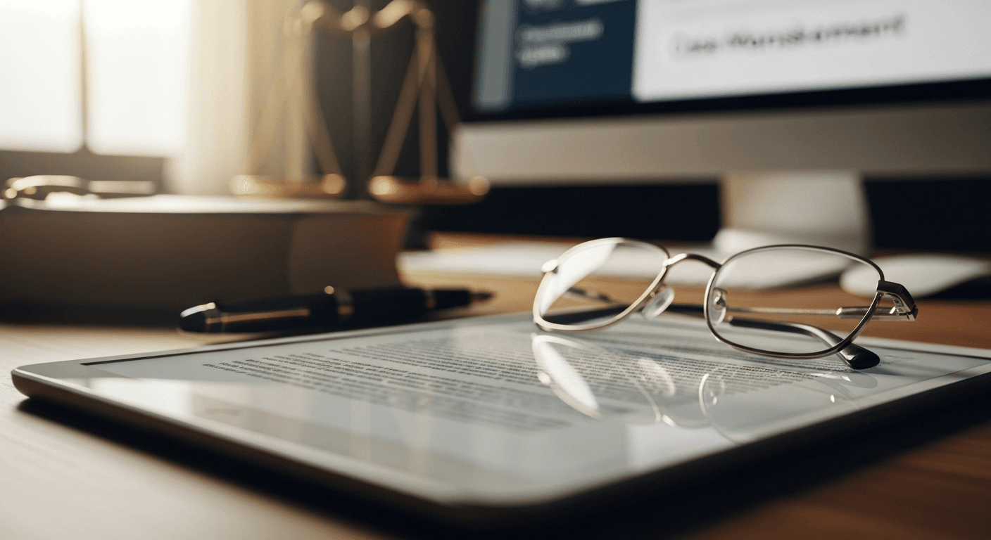 Tenant attorney reviewing lease agreement and rental documents