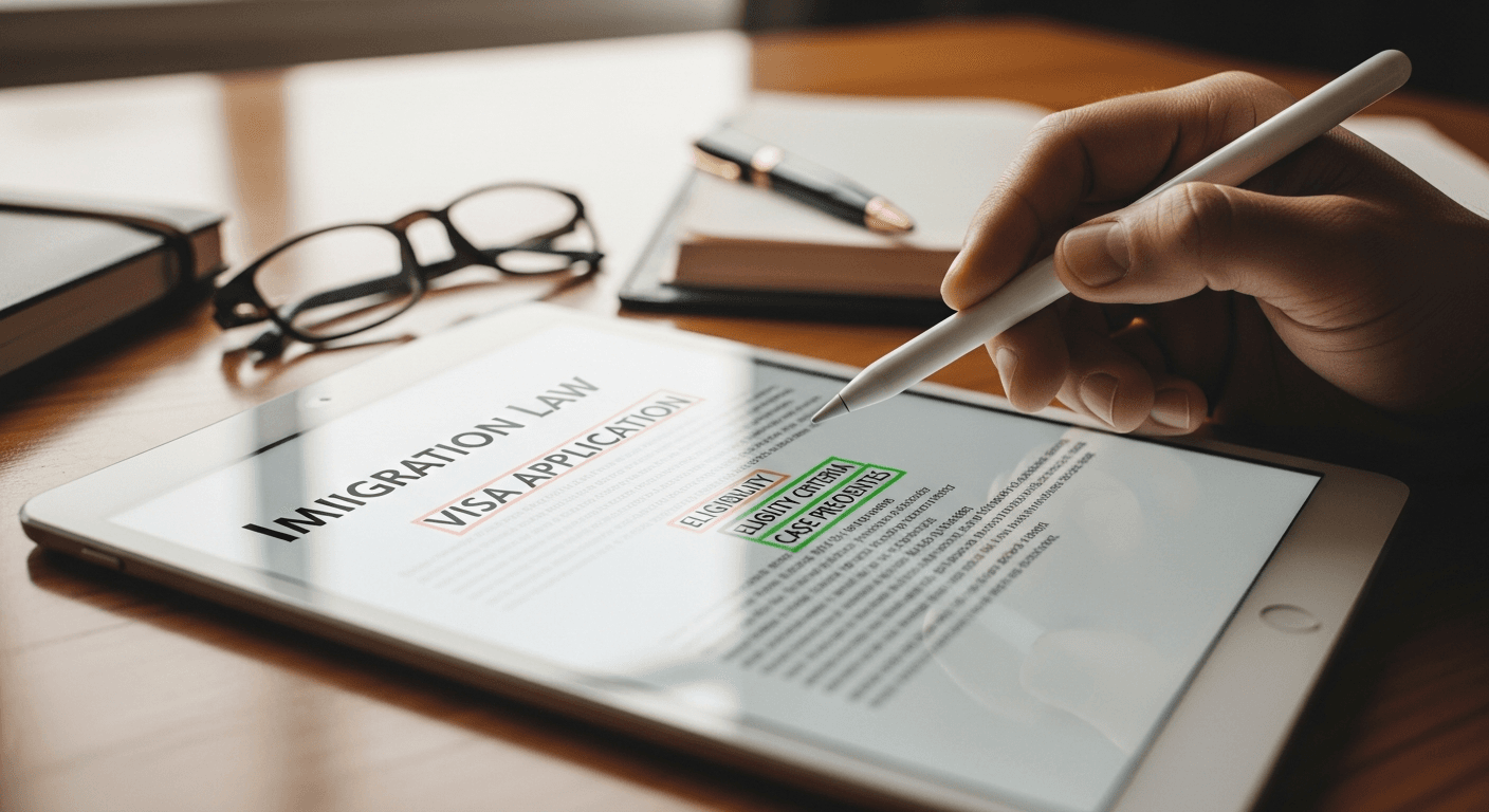 AI interface showing immigration case law search results and policy updates