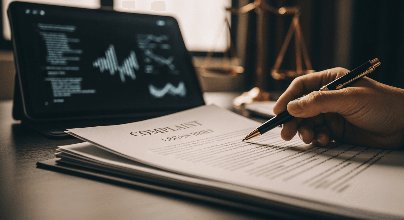Courtroom scene with judges reviewing AI legal cases