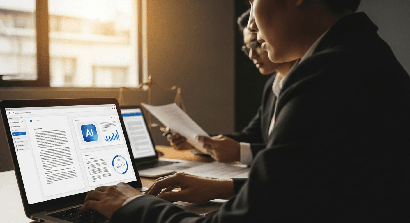 Legal team collaborating with AI tools in a modern law office environment