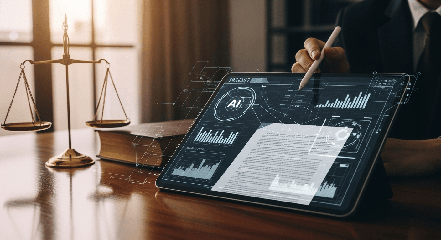 Lawyer using AI research tools to analyze case law and legal precedents