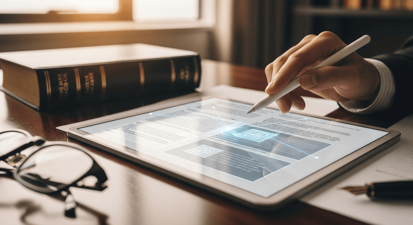 Legal professional reviewing AI-generated contract on computer screen