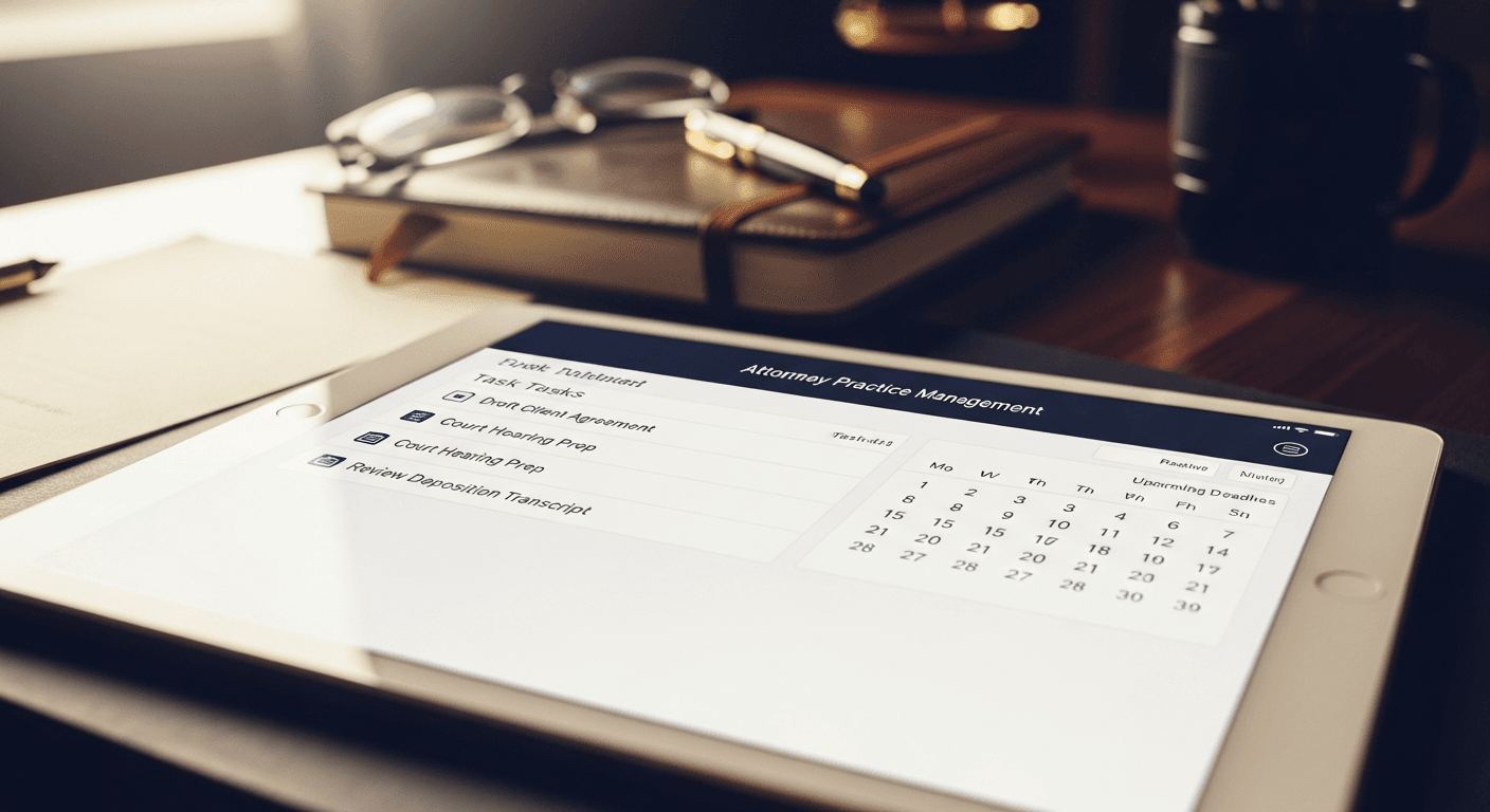 Cloud-based attorney practice management software dashboard showing case status and upcoming deadlines