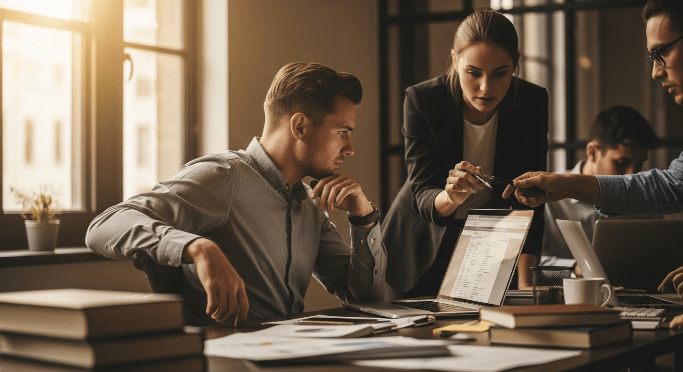 Lawyer reviewing legal documents and case law on multiple screens