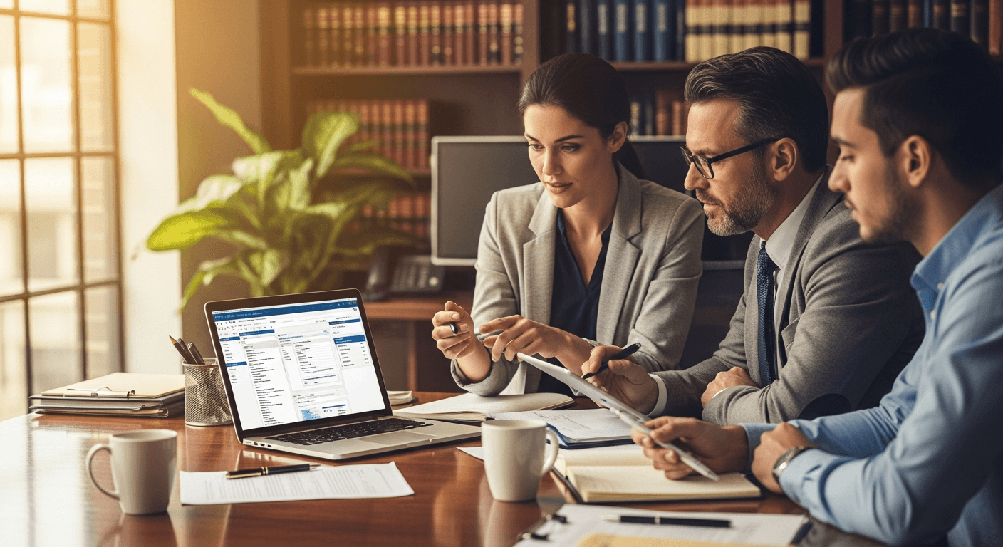 Law firm attorney using legal practice management software on laptop with case files organized digitally