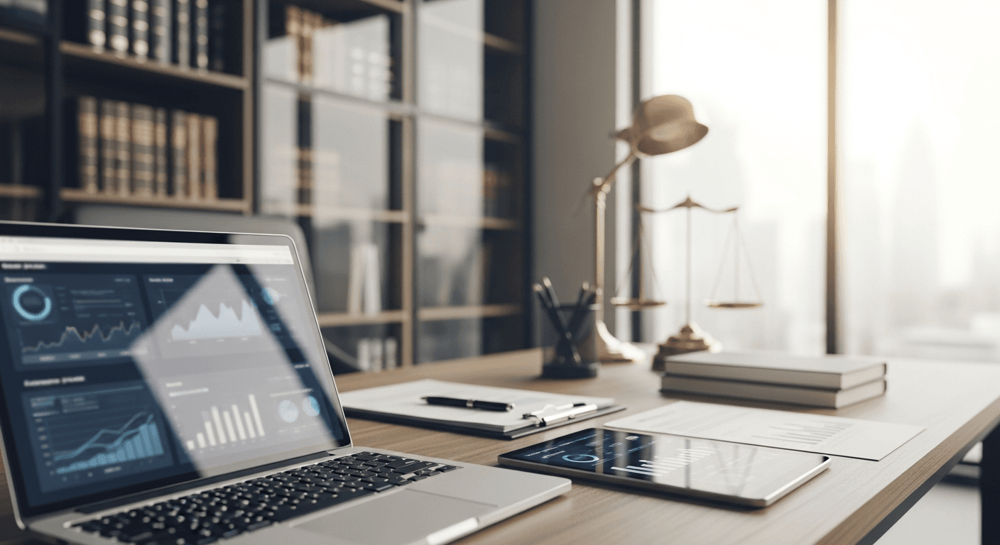 Screenshot of law office management software dashboard showing case calendar and billing overview