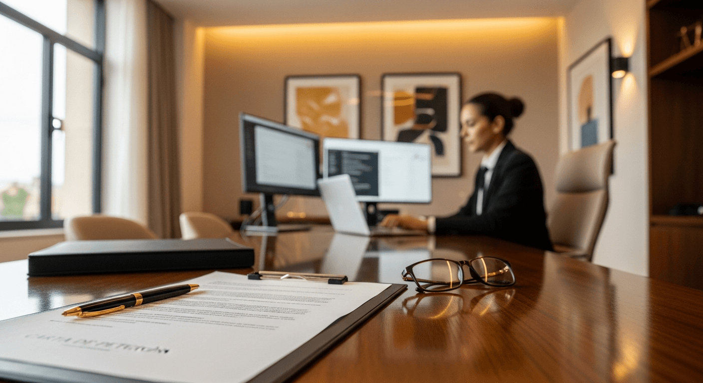 Mujer escribiendo una carta de petición en su computadora con documentos legales sobre la mesa