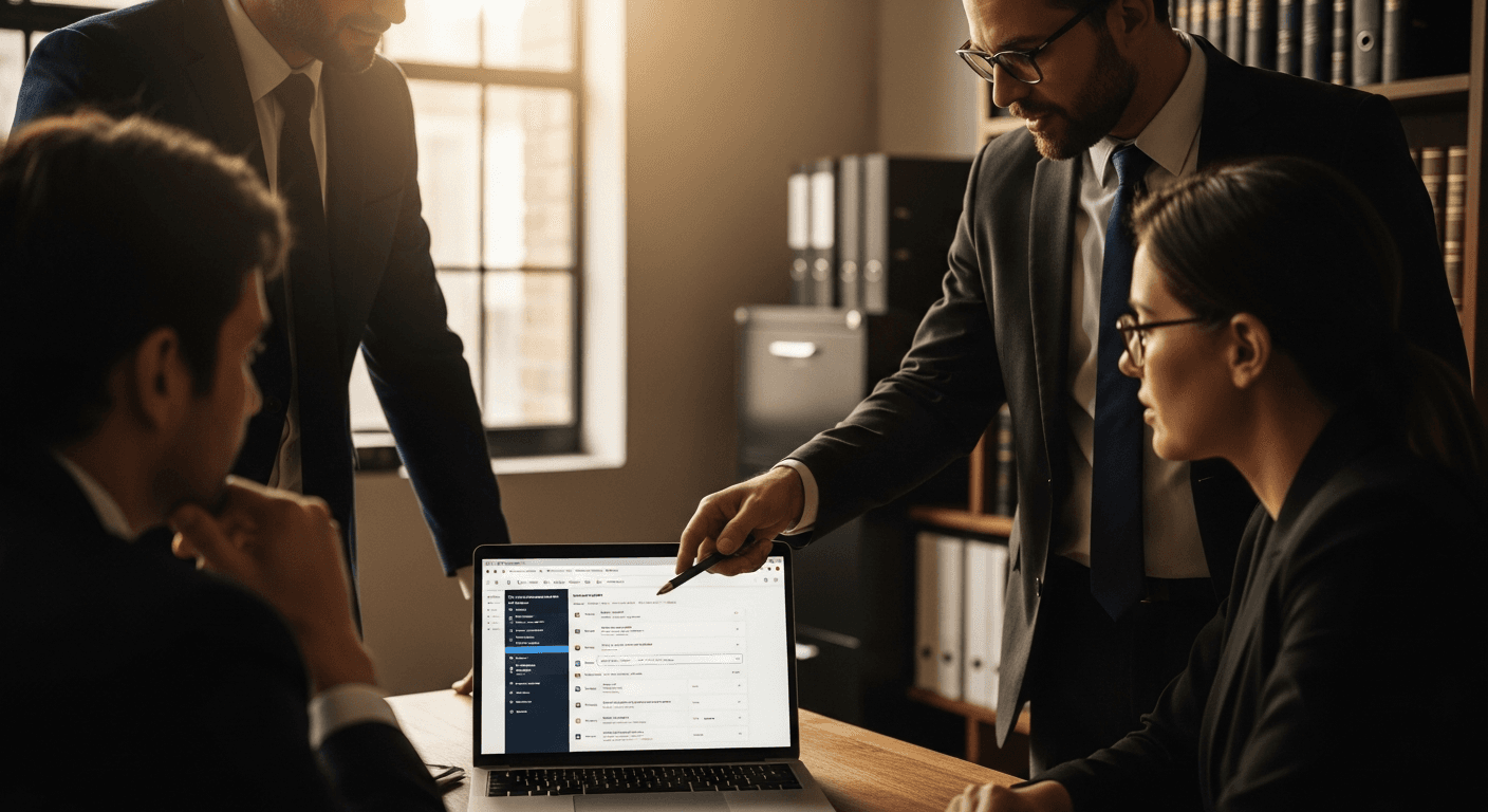 Law firm team collaborating using integrated case management dashboard