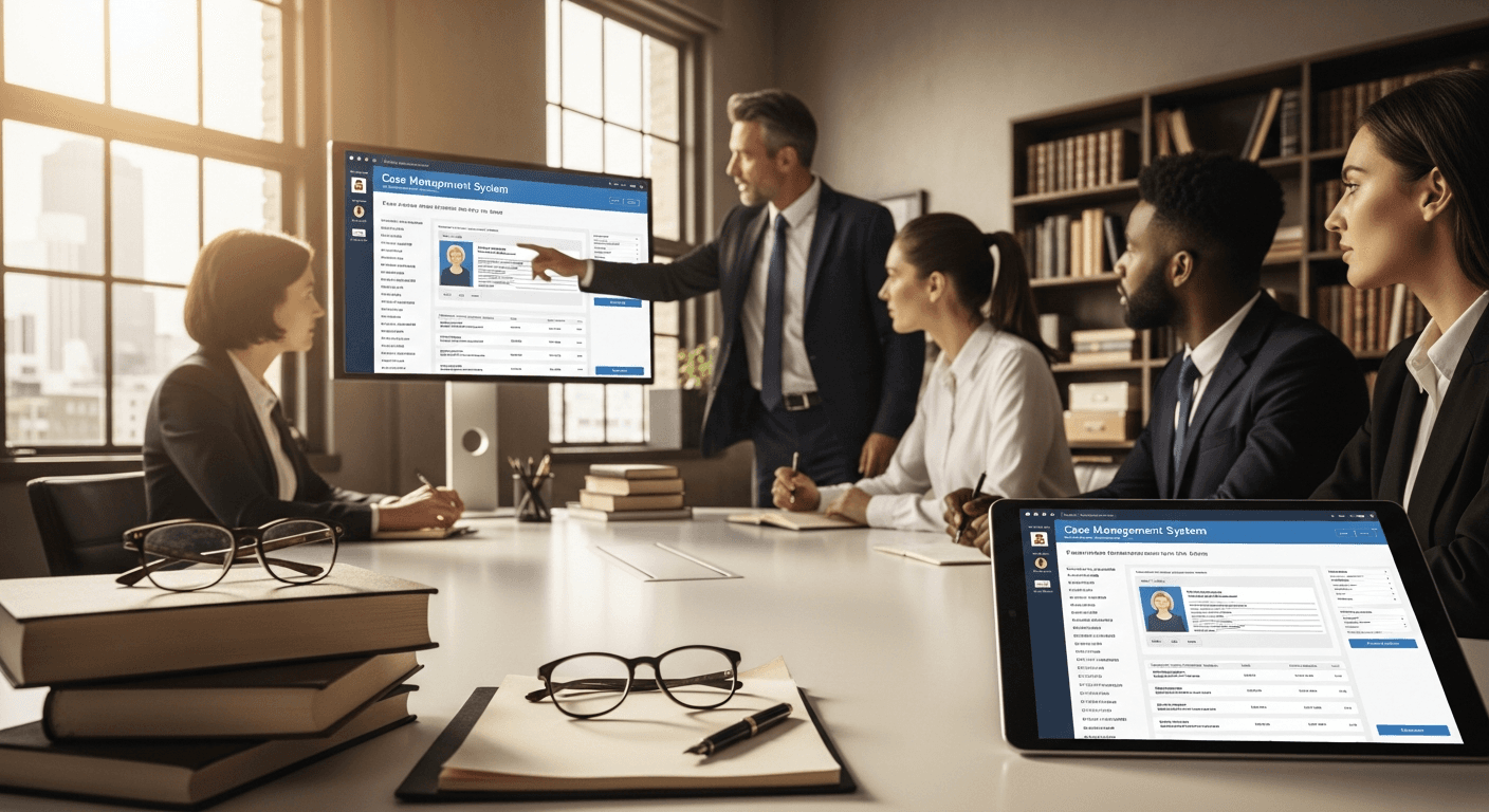 Lawyer using case management software on laptop with client files organized digitally