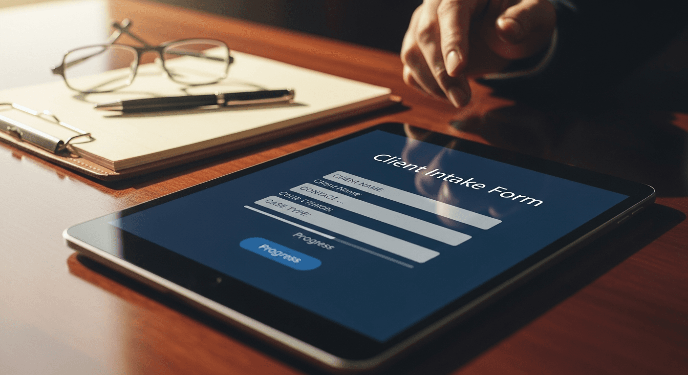 Legal professionals reviewing client data on CRM dashboard with intake management tools