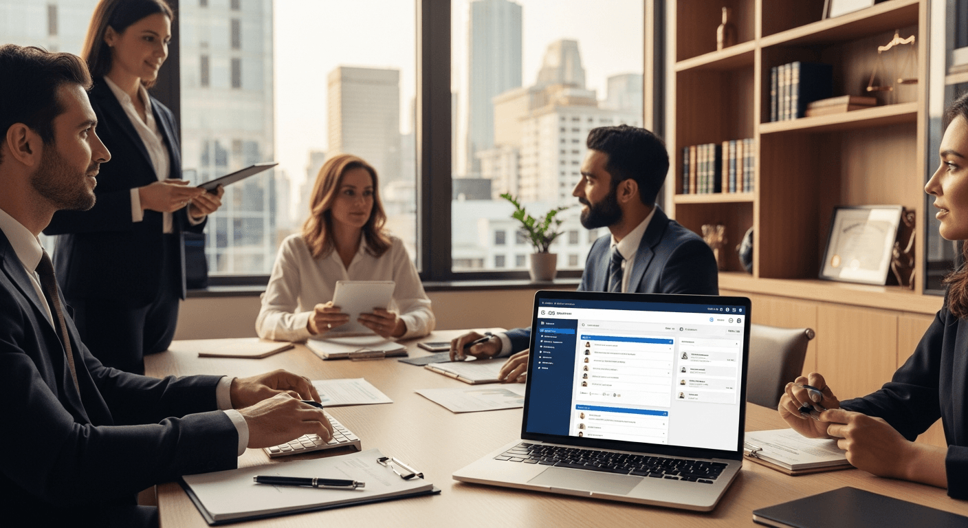 Law firm receptionist using client intake and CRM software for law firms on computer
