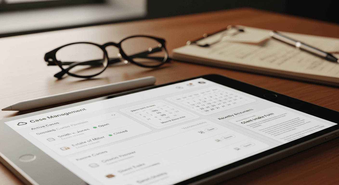 Legal professionals using cloud-based case management software on multiple devices