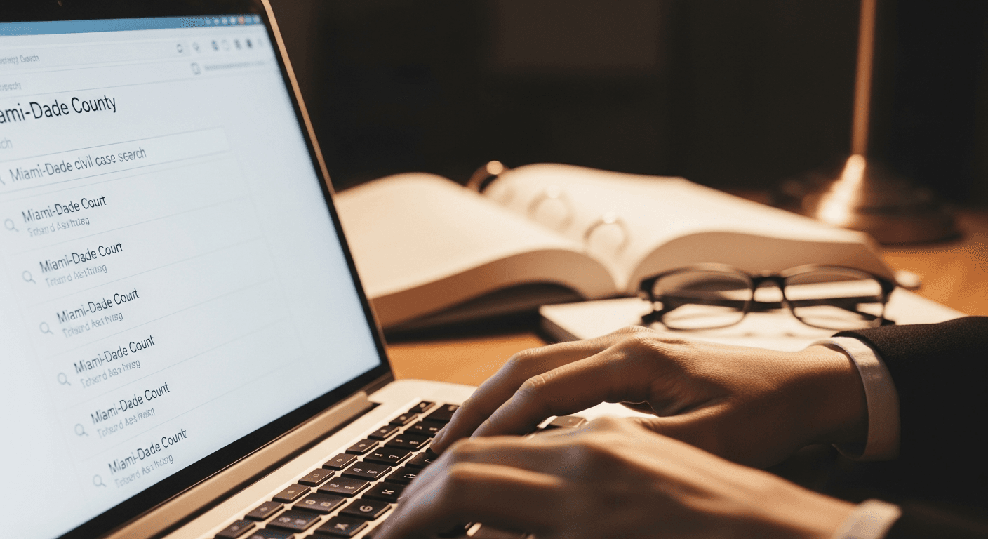 Formulario de búsqueda en línea del sistema judicial de Miami-Dade mostrando campos para nombre y número de caso
