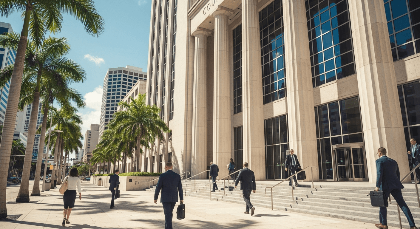 Persona buscando casos judiciales en Miami usando computadora con pantalla del sistema de cortes