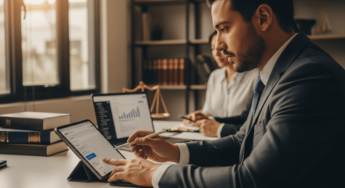 Abogado reuniéndose con clientes empresariales para cerrar nuevos contratos