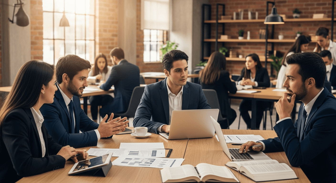 Abogado colombiano desarrollando estrategias digitales para conseguir clientes en su oficina