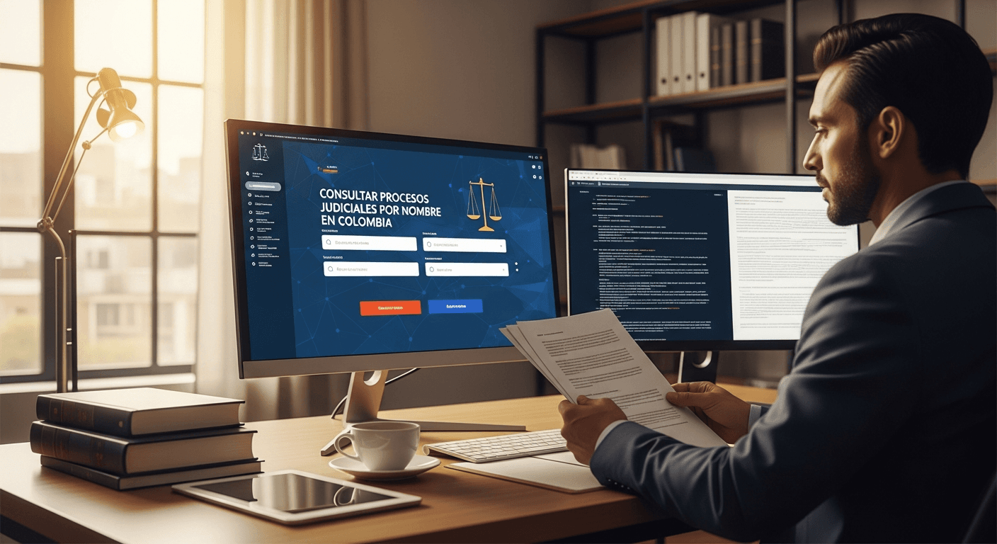 Abogado consultando procesos judiciales por nombre en sistema de la Rama Judicial