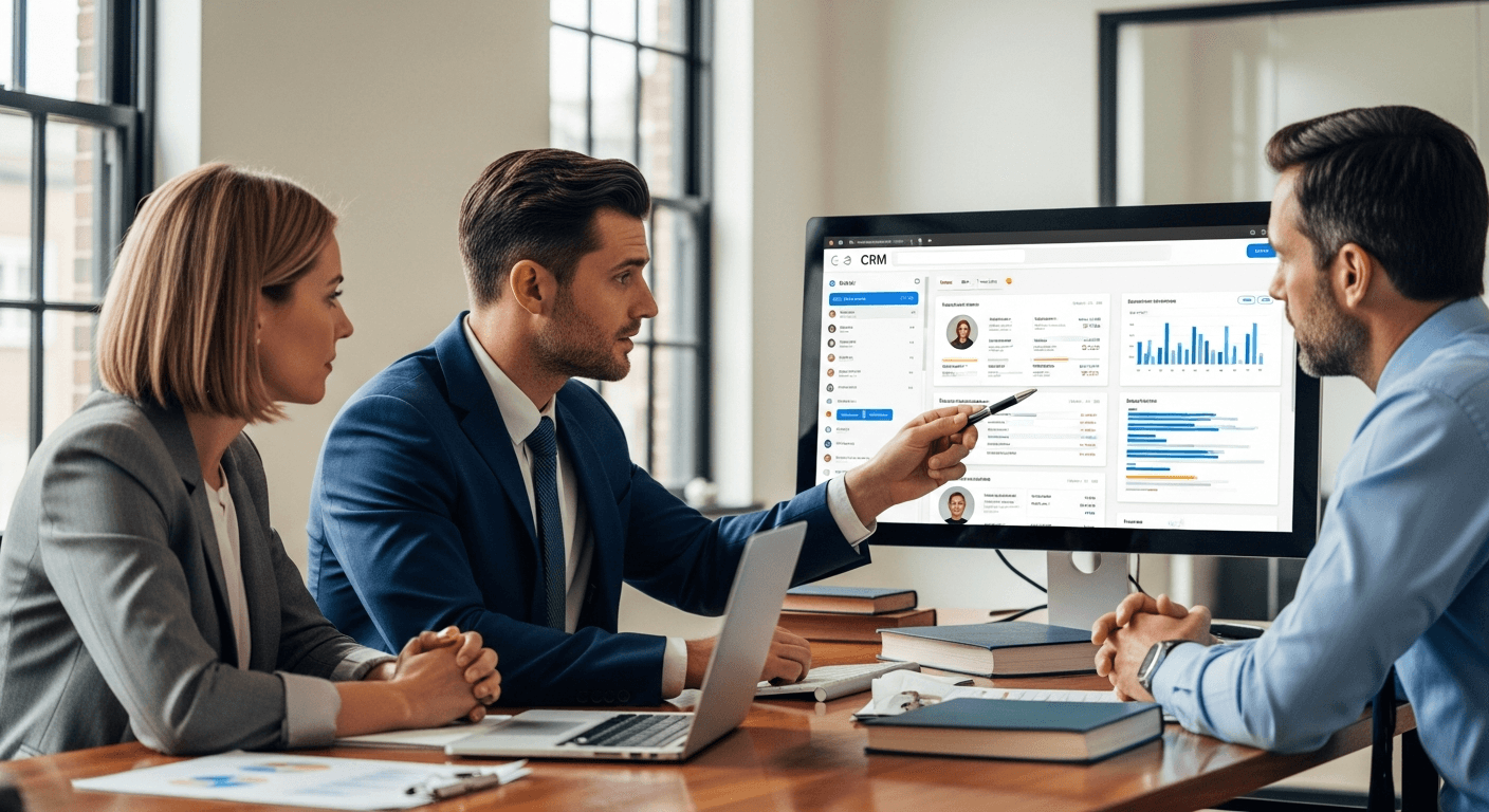 Legal professionals collaborating with CRM software for law firms displaying client intake forms and case management workflows