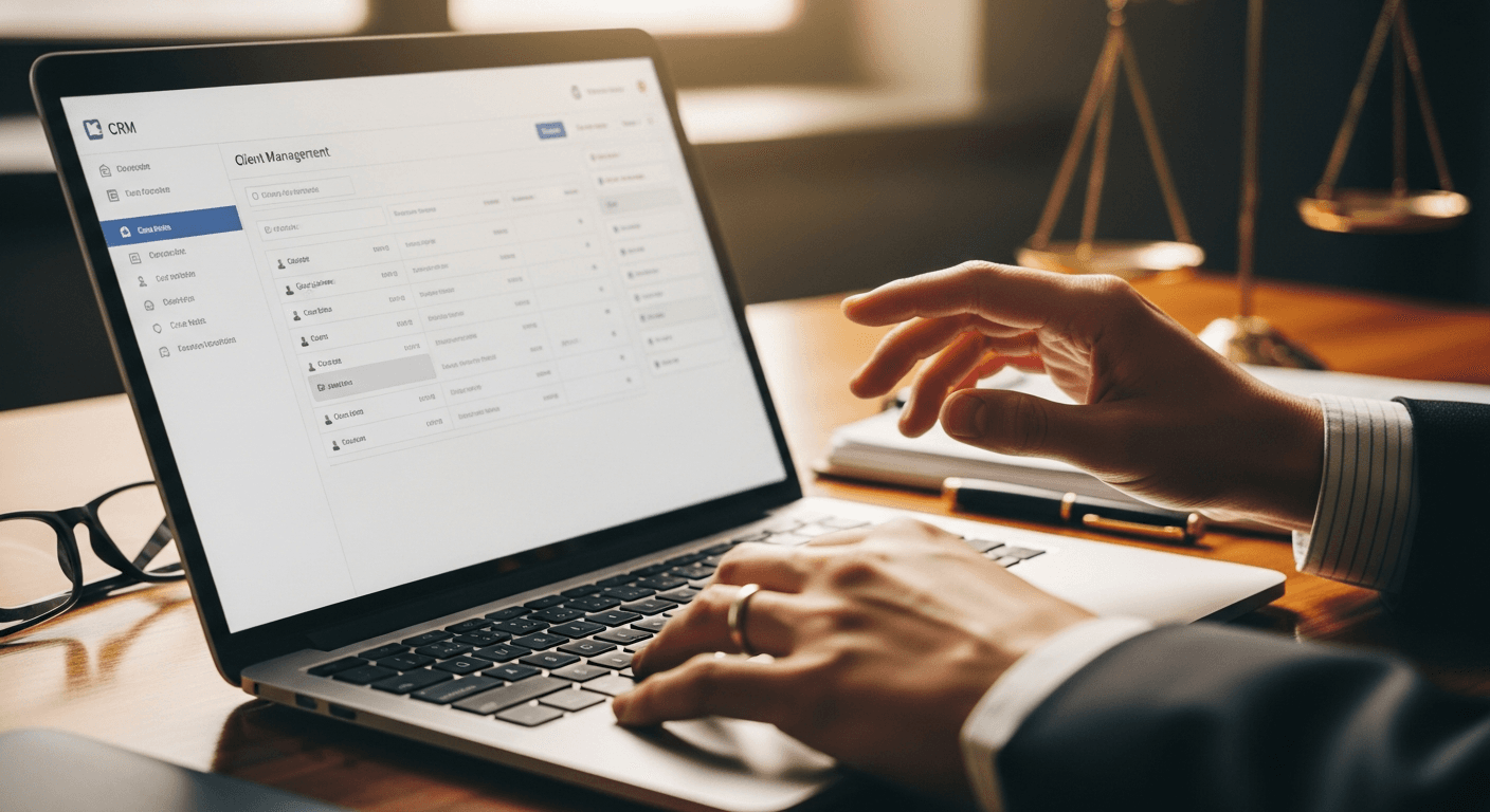 CRM software interface showing law firm client management dashboard with case tracking and communication tools