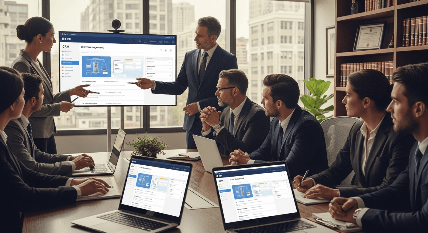 Law firm attorney using CRM software for law firms on laptop to manage client relationships and case information