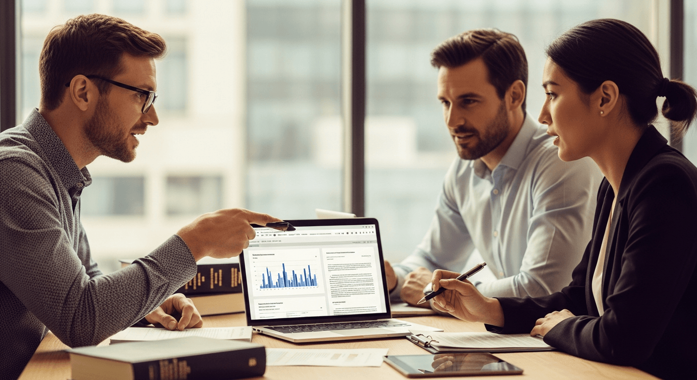 Abogado analizando métricas de redes sociales en su computadora
