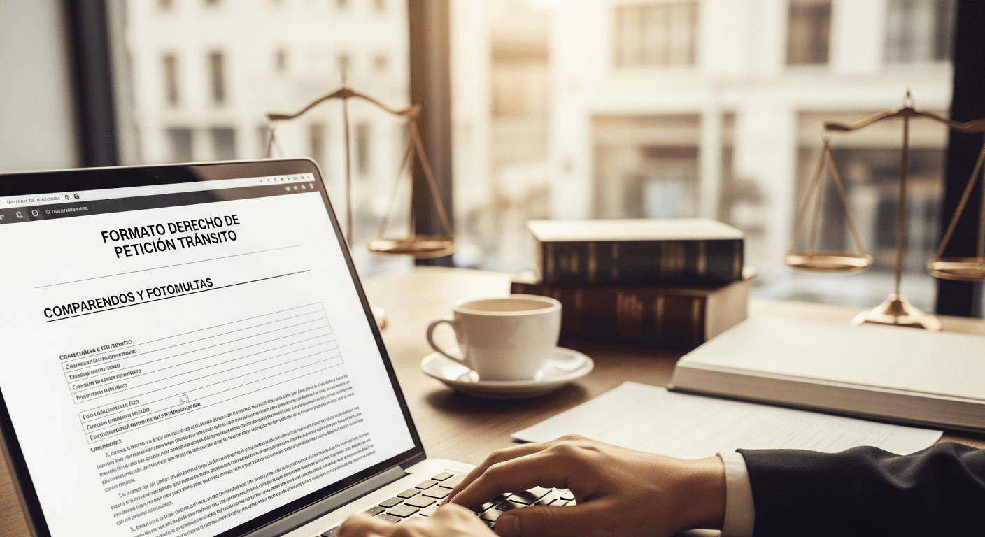 Persona revisando formato de derecho de petición para tránsito en computadora con documentos de comparendo