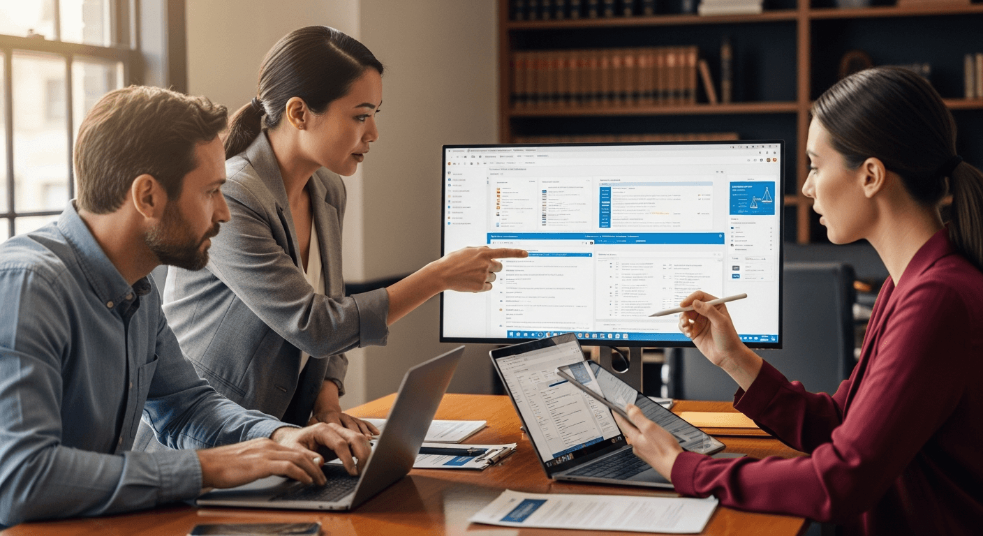Pantalla de computador mostrando diversas herramientas digitales especializadas para despachos de abogados