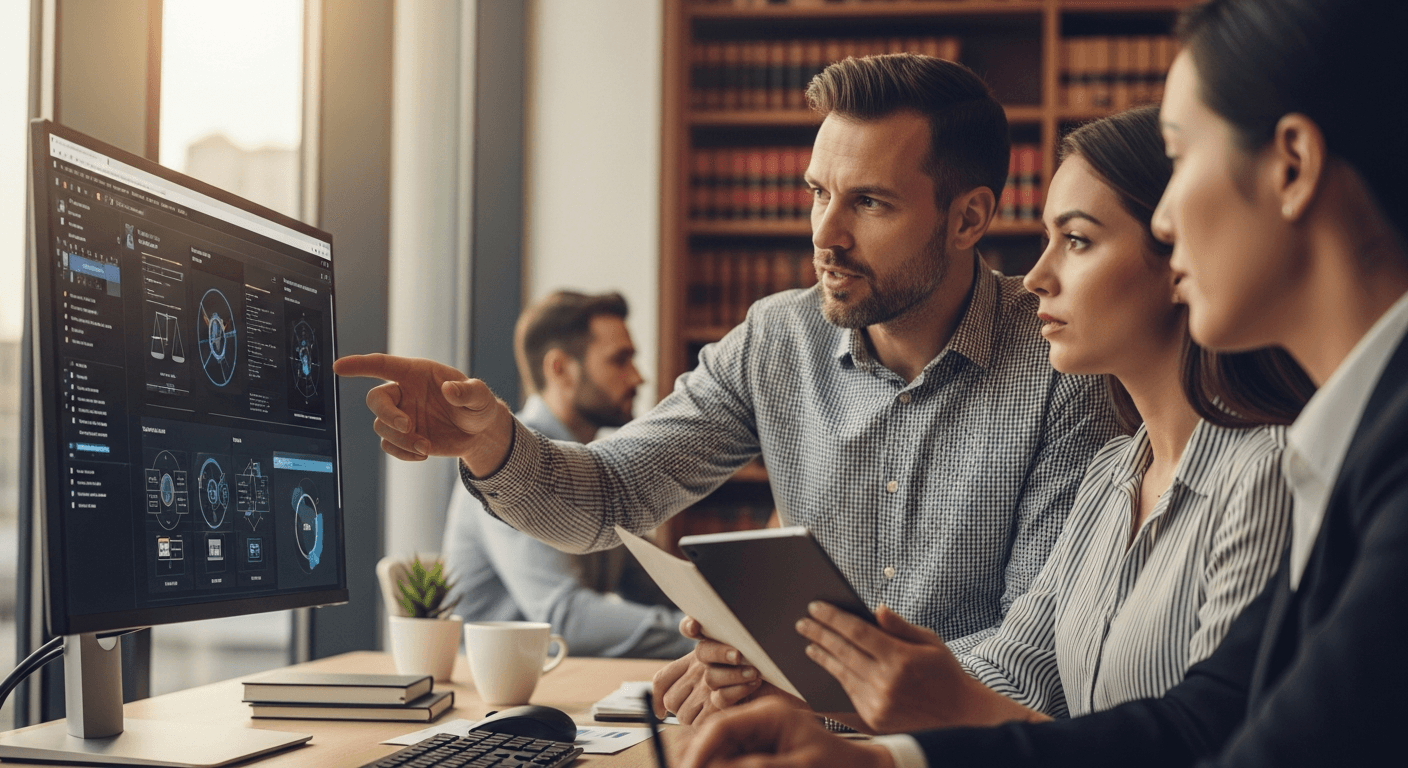 Abogado revisando análisis de inteligencia artificial sobre caso legal complejo en tablet