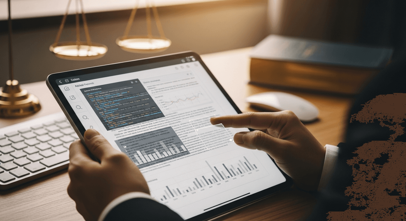 Interfaz de software de inteligencia artificial aplicada al derecho mostrando análisis de jurisprudencia