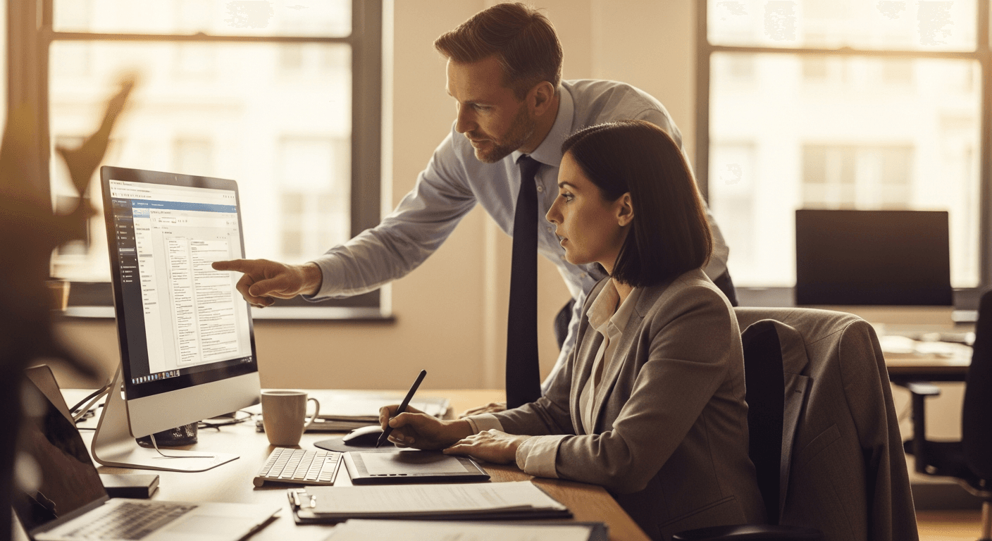 Small law firm attorney reviewing automated document output on screen