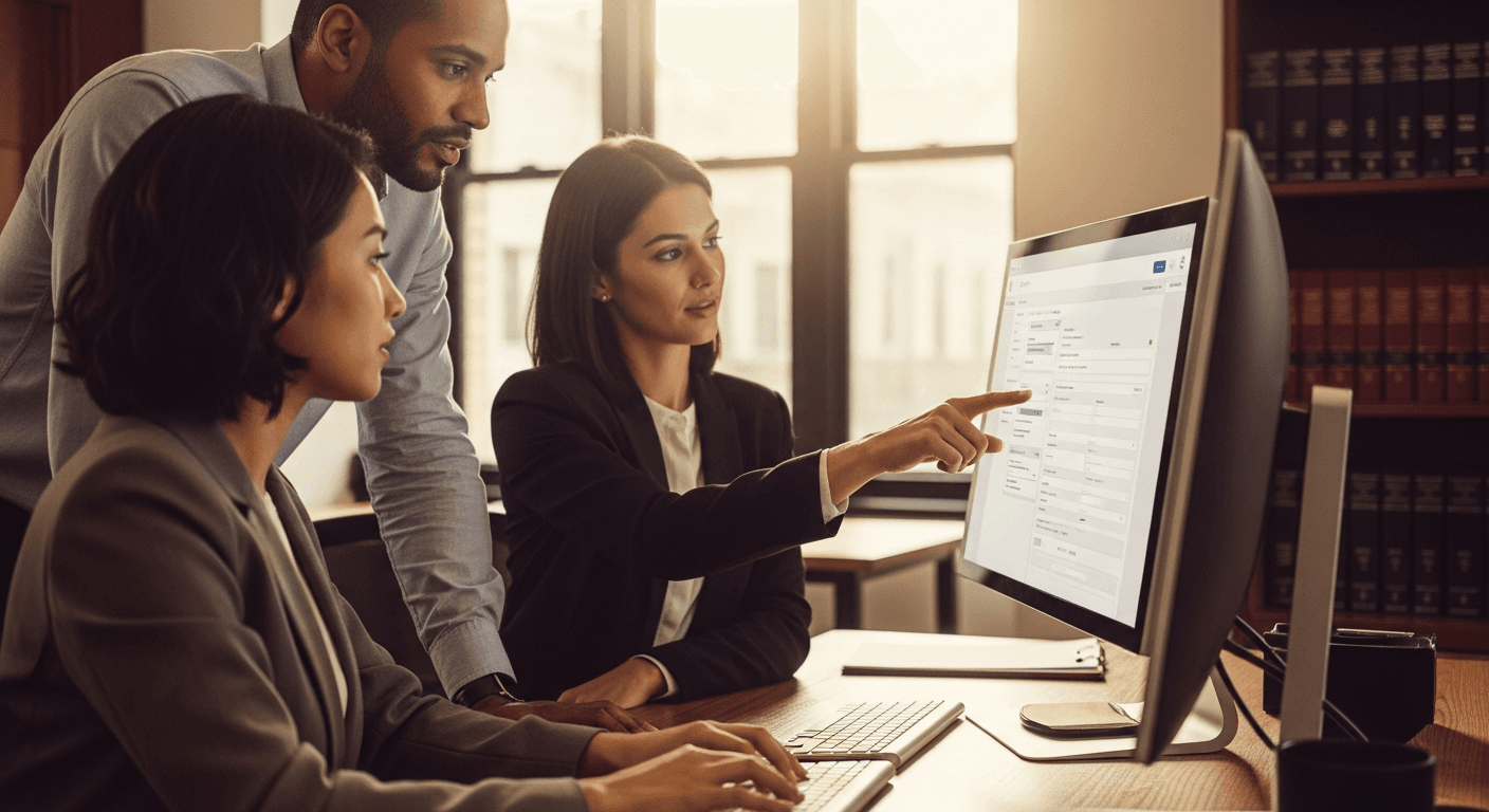 Law firm staff member using intake software dashboard to track multiple client leads and case statuses