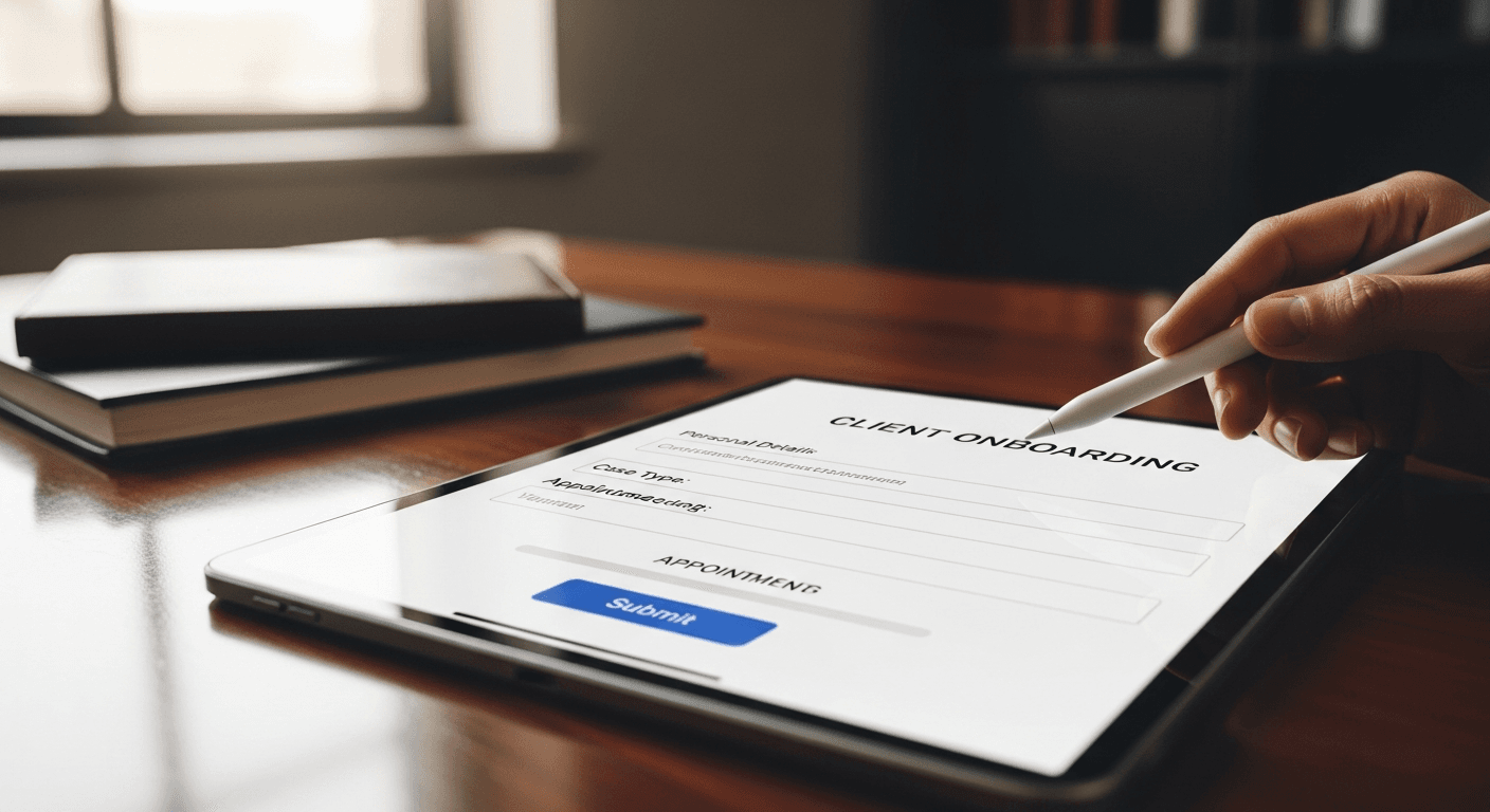 Attorney reviewing client intake forms on tablet while meeting with potential client in modern law office