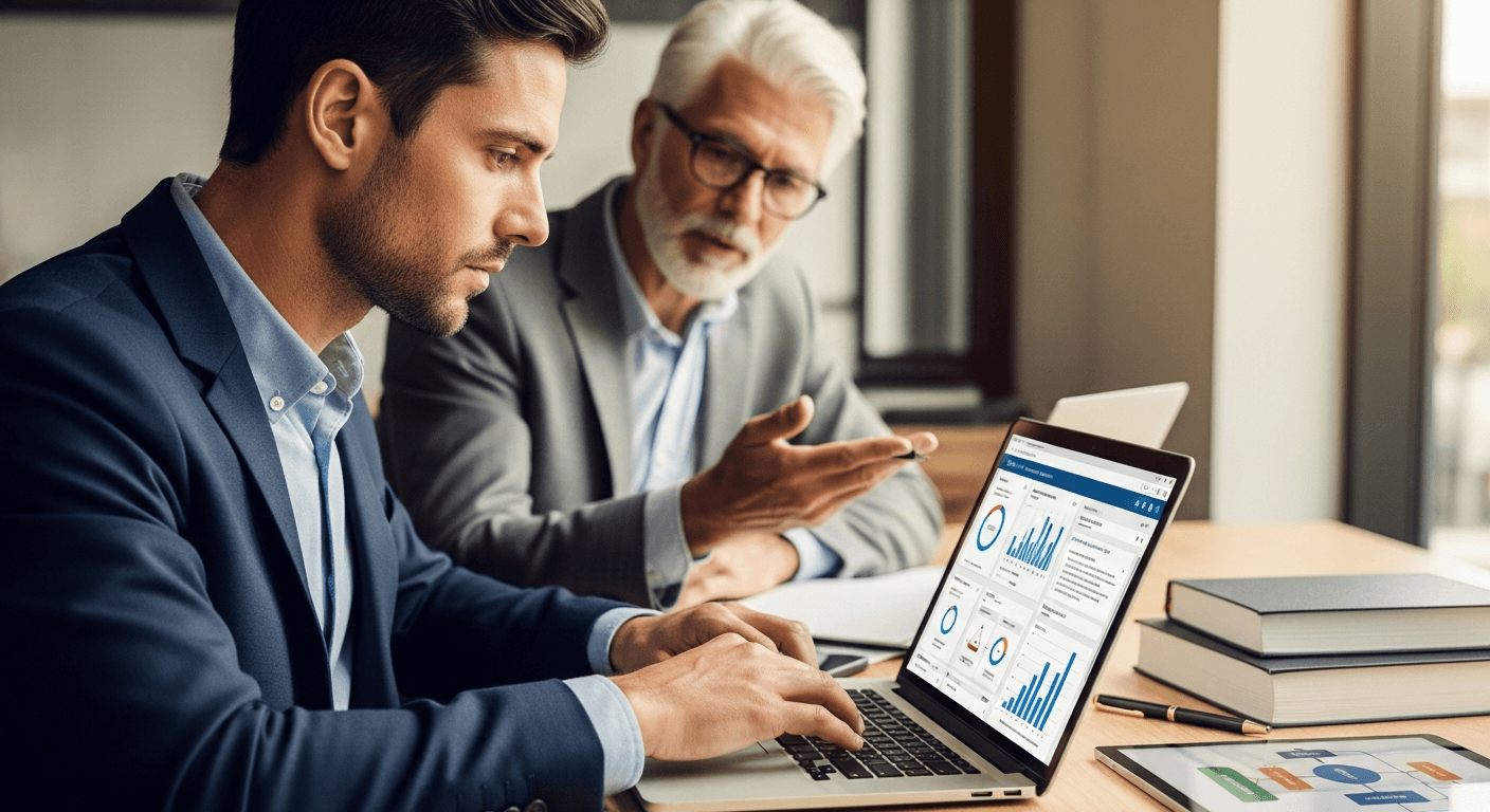 Lawyers collaborating with AI tools for document review in a modern law office