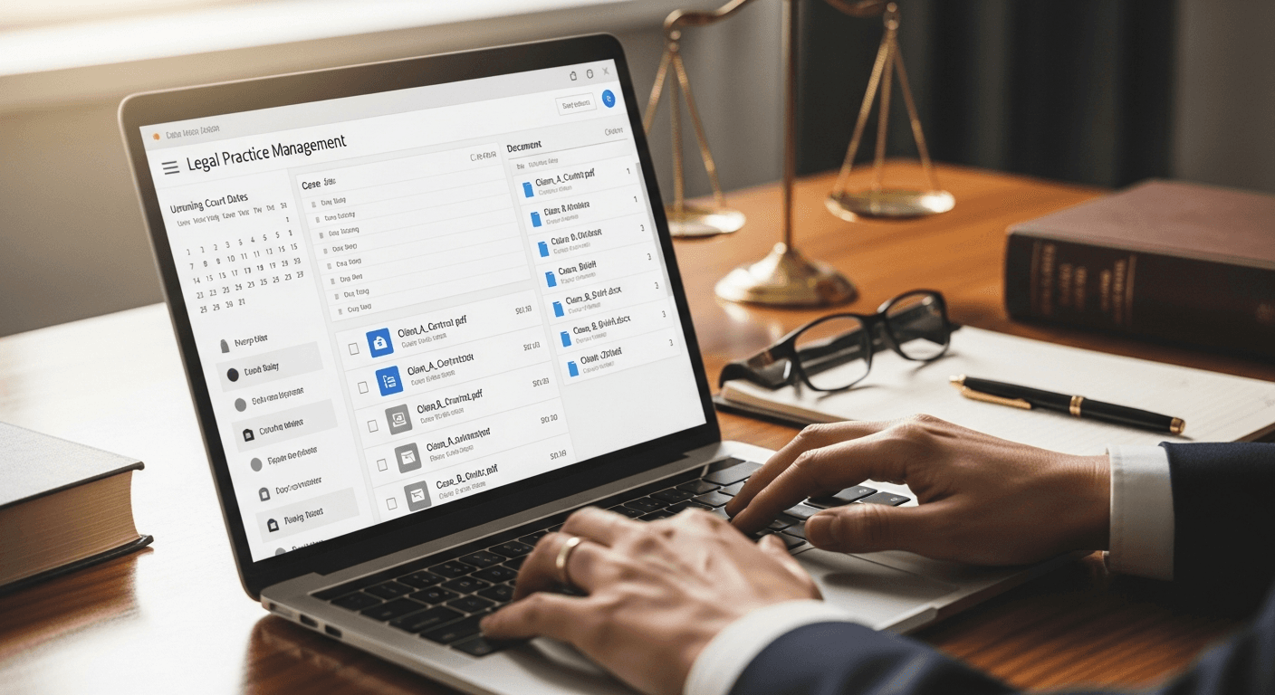 Legal billing software interface showing time tracking and invoice generation