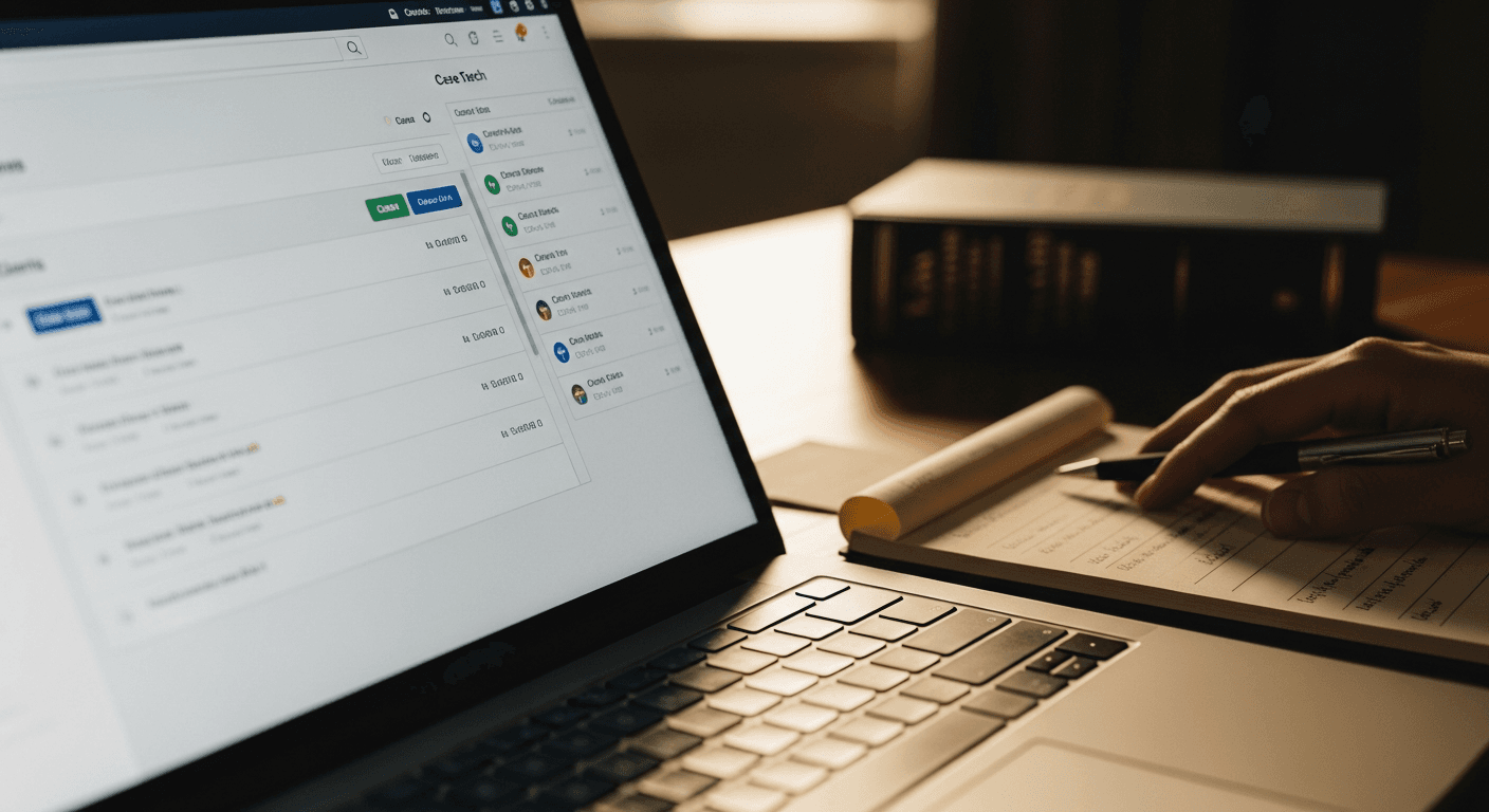 Interface de software de gestión jurídica mostrando dashboard con casos activos y calendario de audiencias