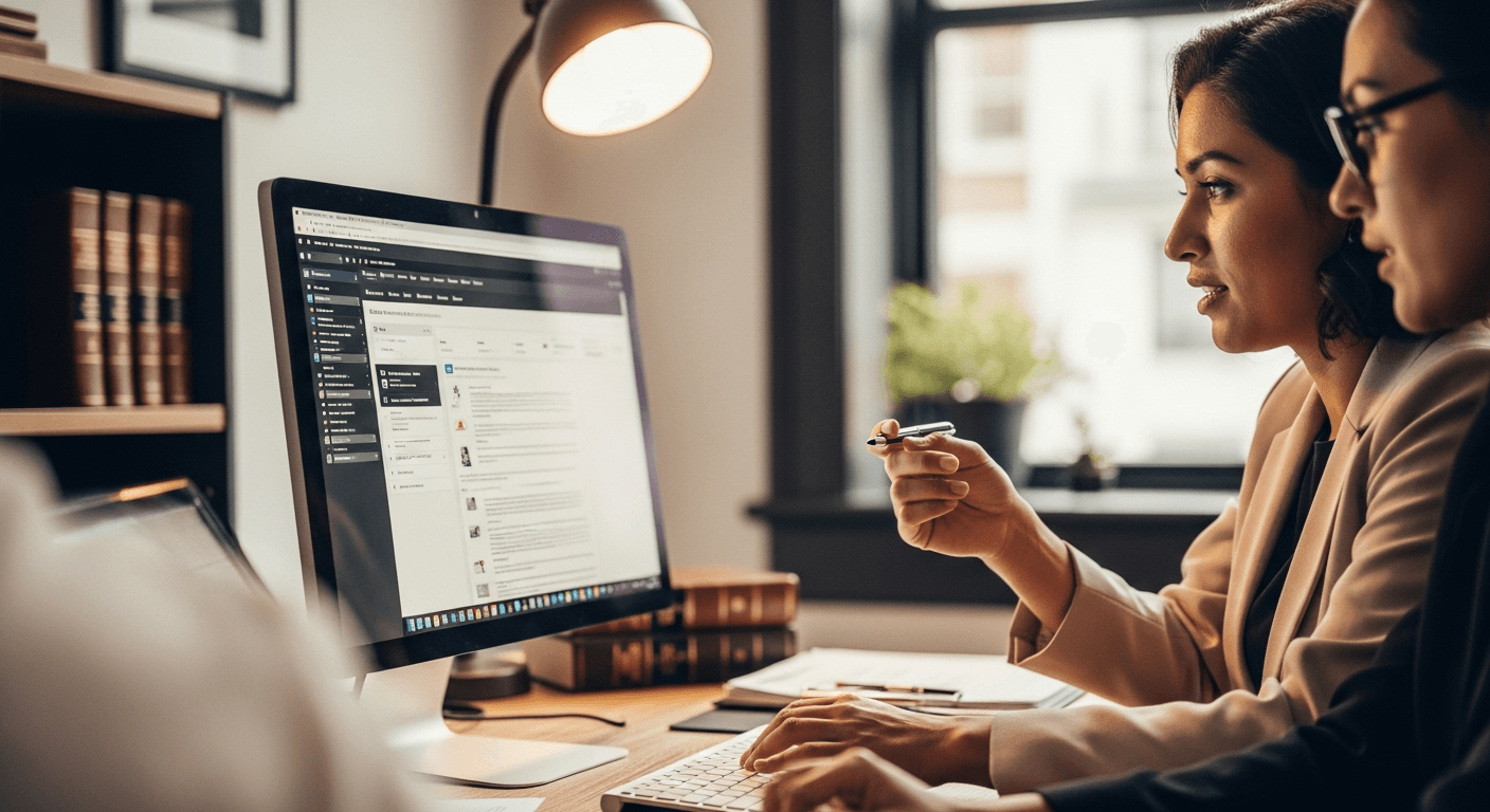 Legal professionals using integrated practice management software for case tracking and billing