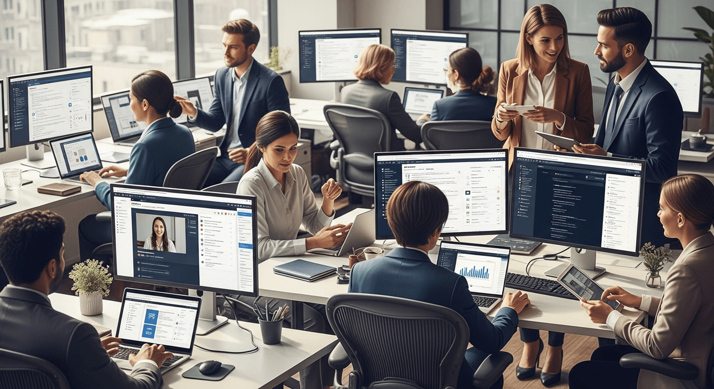 Abogados trabajando con múltiples plataformas digitales en sus oficinas